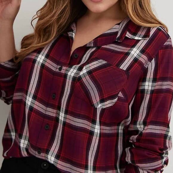 TORRID Red Plaid Twill Button-Up Long Sleeve Shirt Sz 1 - Picture 2 of 8